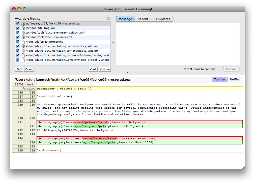 Review and commit, with diff highlighted directly in the commit
window.